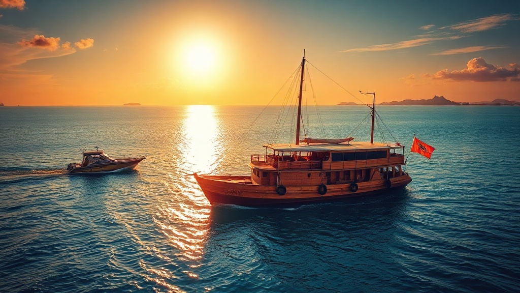 Liveaboard dive boat departing Sorong harbor at golden hour toward Raja Ampat